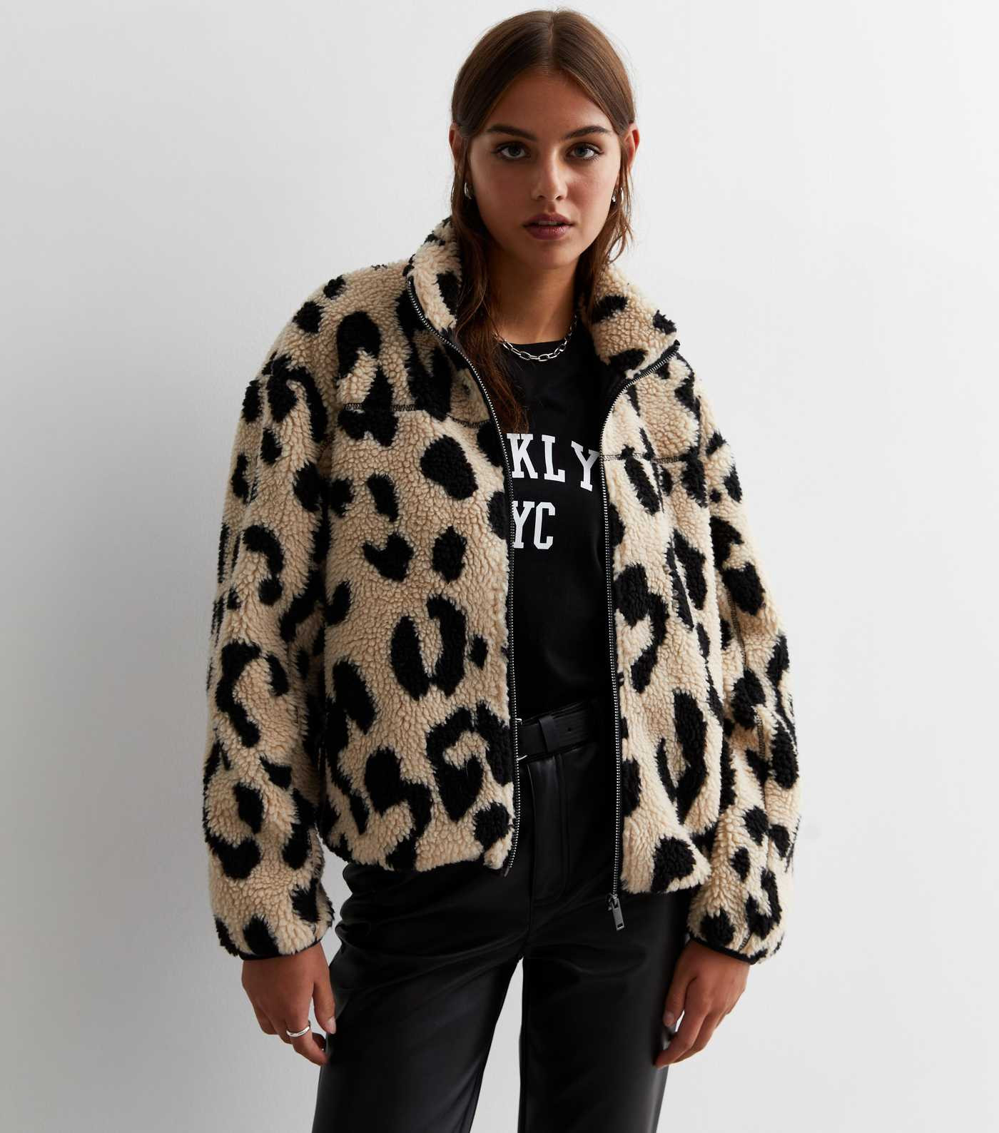 Light Brown Animal Print Teddy Zip Up Jacket | New Look | New Look (UK)
