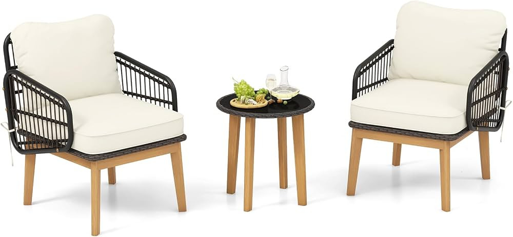 Tangkula 3 Piece Patio Chair Set, Wicker Chair & Side Table Set with Soft Cushions & Tempered Gla... | Amazon (US)