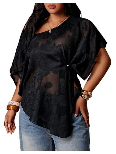 Floerns Women's Plus Size Mesh Off The Shoulder Chiffon Blouses Short Sleeve Asymmetrical Summer ... | Amazon (US)