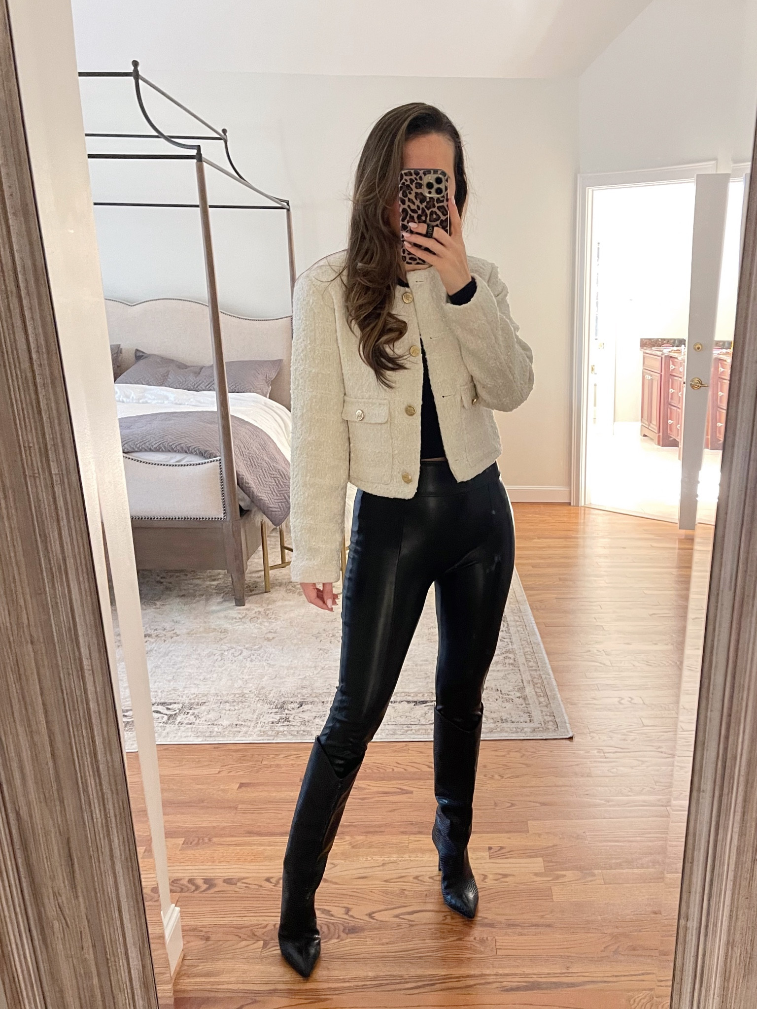 Abercrombie tweed cropped jacket  (runs true to size, wearing S). Faux leather pants run true to size (wearing S)  

#LTKSeasonal #LTKstyletip