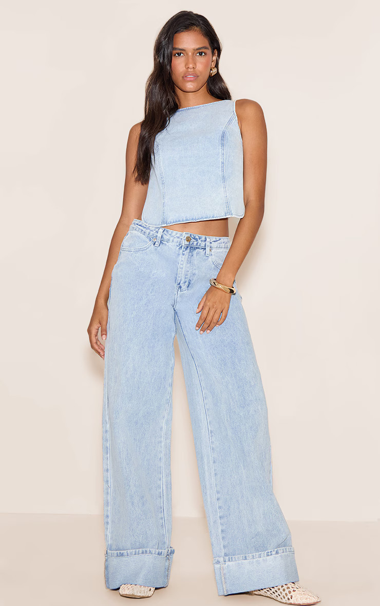 Light Blue Turn Up Hem Wide Leg Jean | PrettyLittleThing US