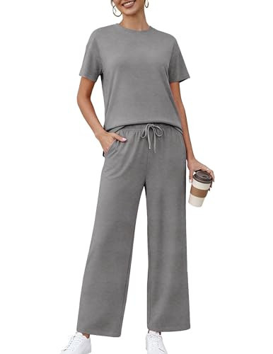 PINSPARK 2 Piece Sets for Women Summer Short Sleeve Matching Lounge Set Wide Leg Pants Tracksuit Travel Outfits 2025,White Grey XXX-Large | Amazon (US)