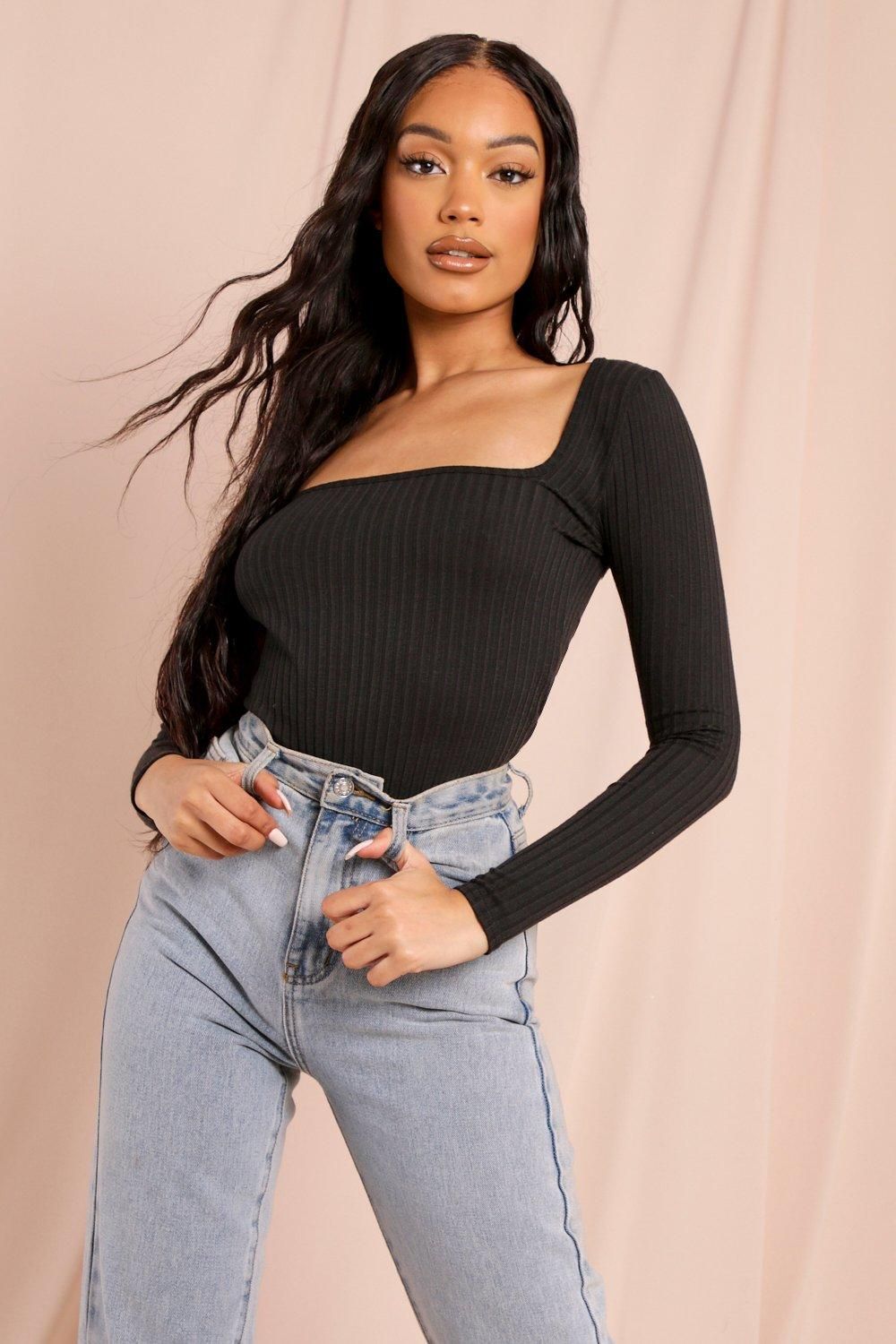 Rib Long Sleeve Square Neck Bodysuit | Miss Pap UK