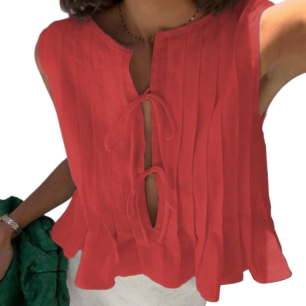 POHADON Womens Y2k Vest Tank Tops Cute Ruffle Cotton Linen Tie Front Shirt Going Out Pleated Summ... | Amazon (US)
