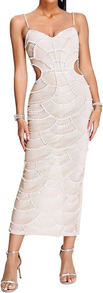 BELLA BARNETT Pearl Spaghetti Strap Garden Party Cutout Sequin Cocktail Elegant Dress | Amazon (US)