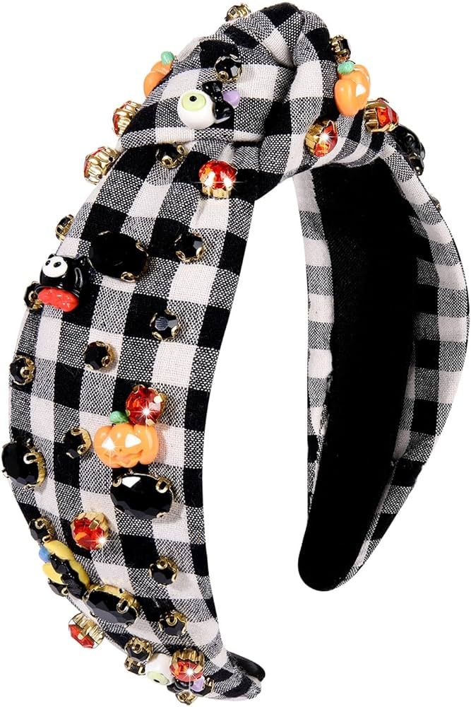 Halloween Headband for Women Pumpkin Charm Rhinestone Knotted Headband Crystal Print Top Knot Hai... | Amazon (US)