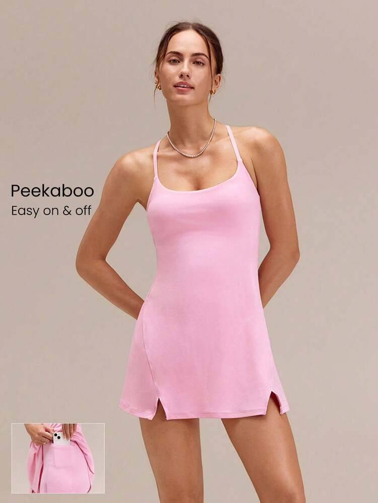 GLOWMODE FeatherFit\u2122-Air Elevate A-Line Built-In Peekaboo Short Pocket Mini Slip Dress Low I... | SHEIN