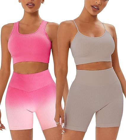 FINETOO Workout Sets for Women 4 Pieces Ribbed Crop Tank Shorts Active Gym Exercise High Waisted ... | Amazon (US)