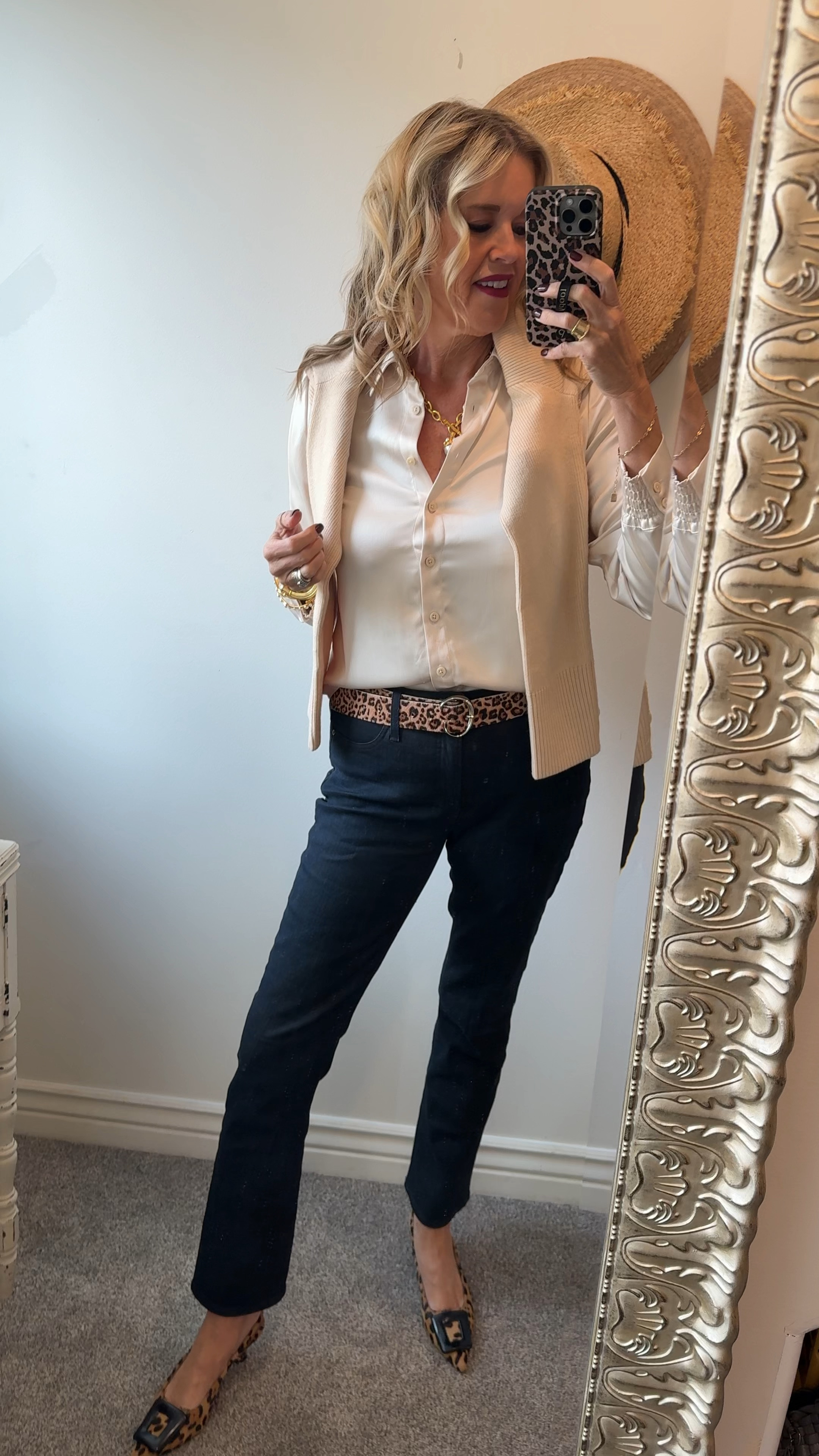 OOTD

Pop of leopard, cute work wear or date night outfit!
Even lunch with the girls

Cream satin button up blouse fits tts I am in a 0/sm

Cream sweater Amazon find

Girlfriend straight leg dark wash jeans Laudi video on sale tts in a 0/4 

Leopard belt (I wear on repeat)

Leopard kitten heals with large buckle tts I adore and so comfortable 

Julie cos jewelry 



#LTKStyleTip #LTKSaleAlert #LTKOver40