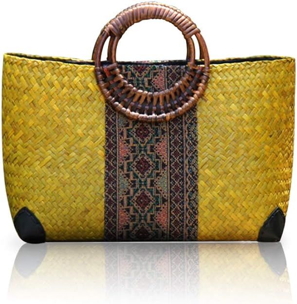 QTKJ Women Summer Retro Straw Bag with Printing Hand-woven Beach Handbag Top Round Handle Boho To... | Amazon (US)