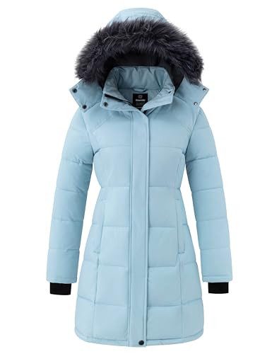 wantdo Women's Long Quilted Winter Coat Snow Jacket with Faux Fur Hood Light Blue L | Amazon (US)
