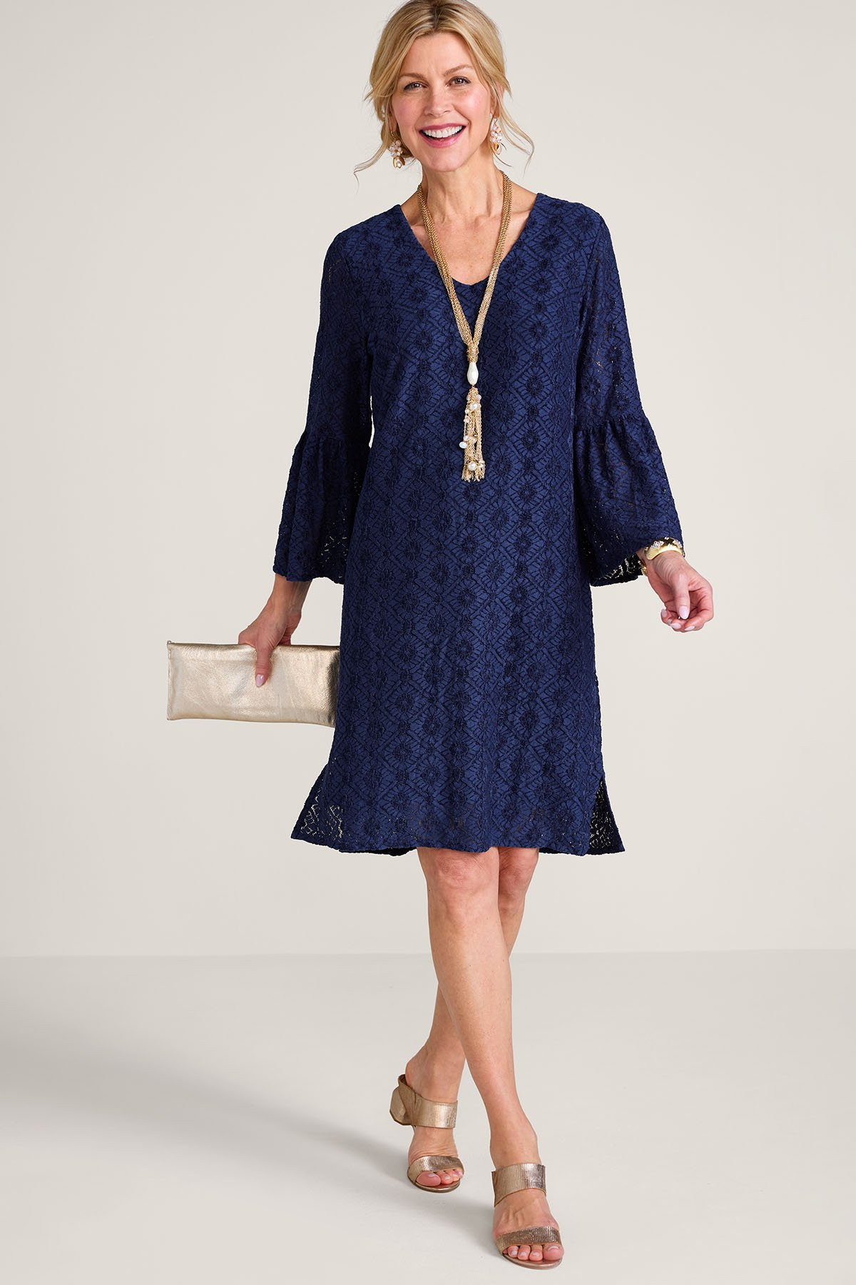 Stretch Lace 3/4 Slv V Neck Short Dress | Soft Surroundings