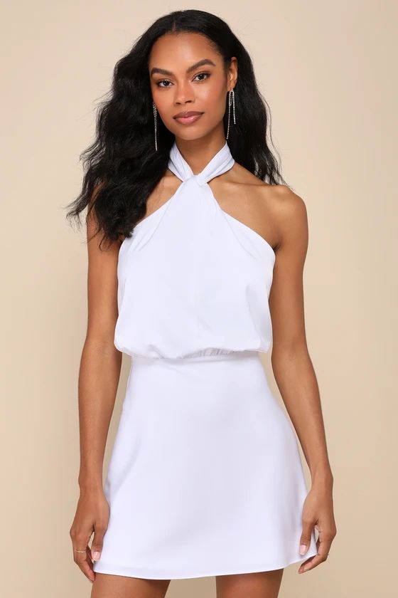 Sleek Essence White Satin Halter Sleeveless Mini Dress | Lulus