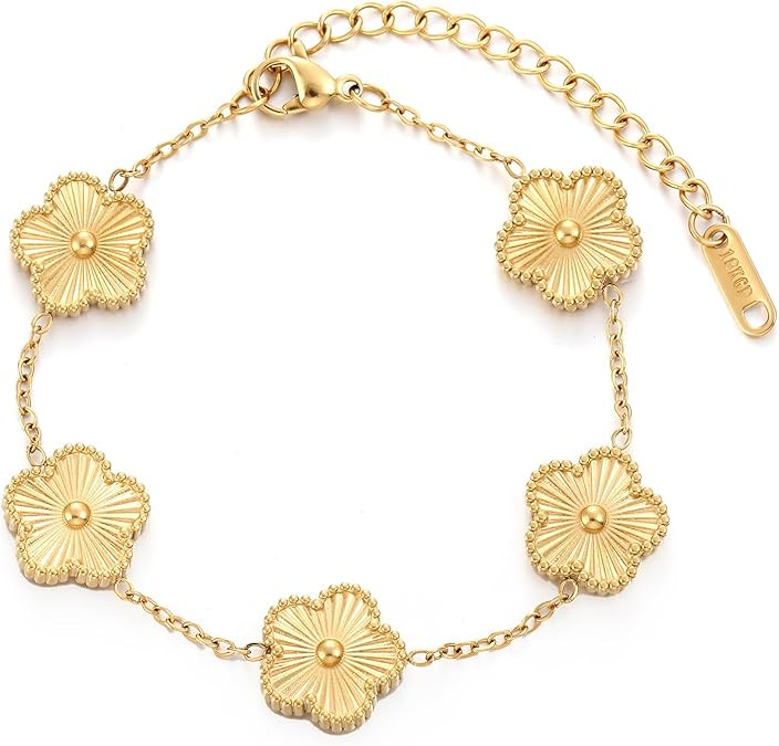 TICVSS Four Leaf Clover Bracelet for Women 18K Gold Plated Stainless Steel Lucky 4 Leaf Gold Link... | Amazon (US)