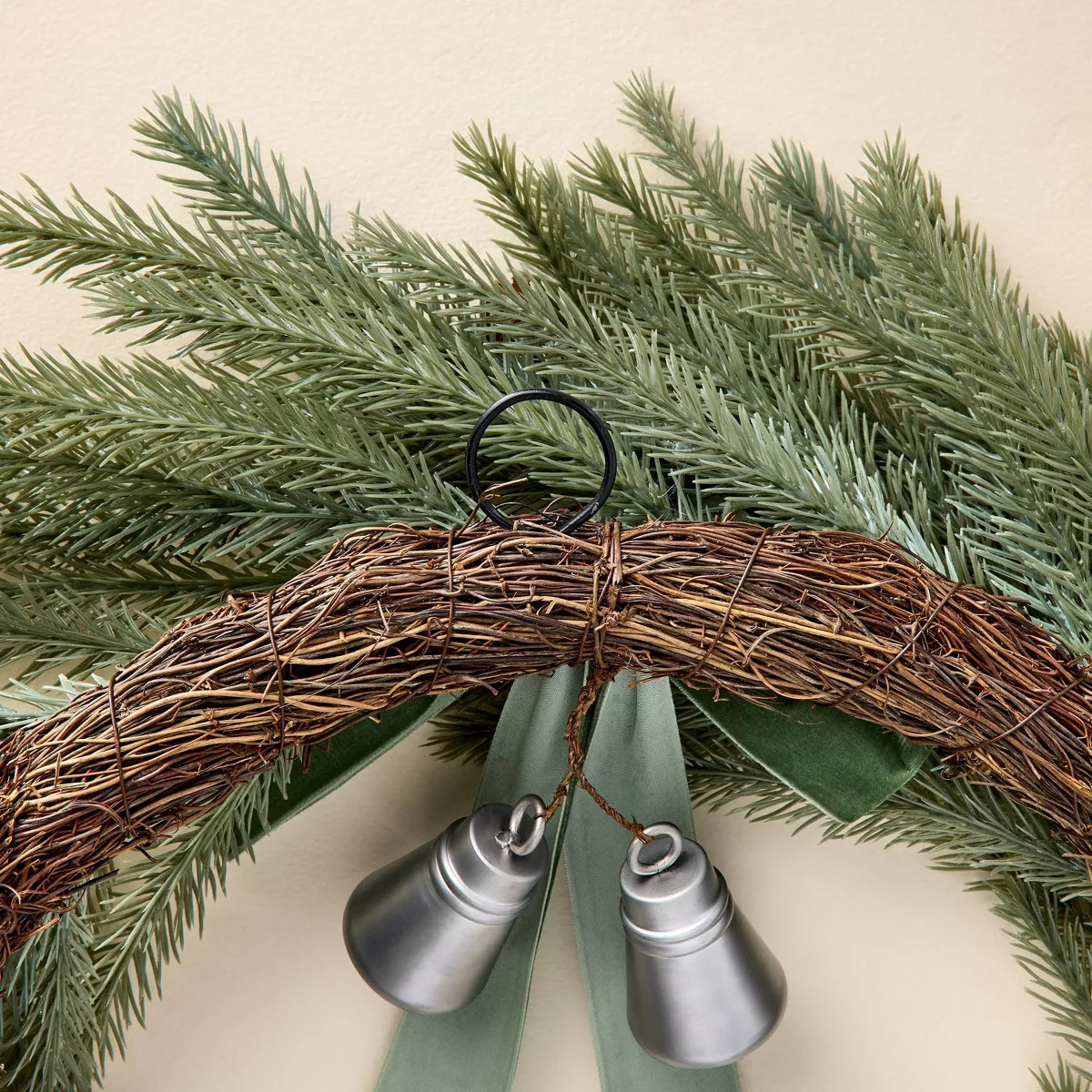 26" Faux Spruce Christmas Wreath with Bells and Velvet Ribbon Trim - Hearth & Hand™ with Magnol... | Target
