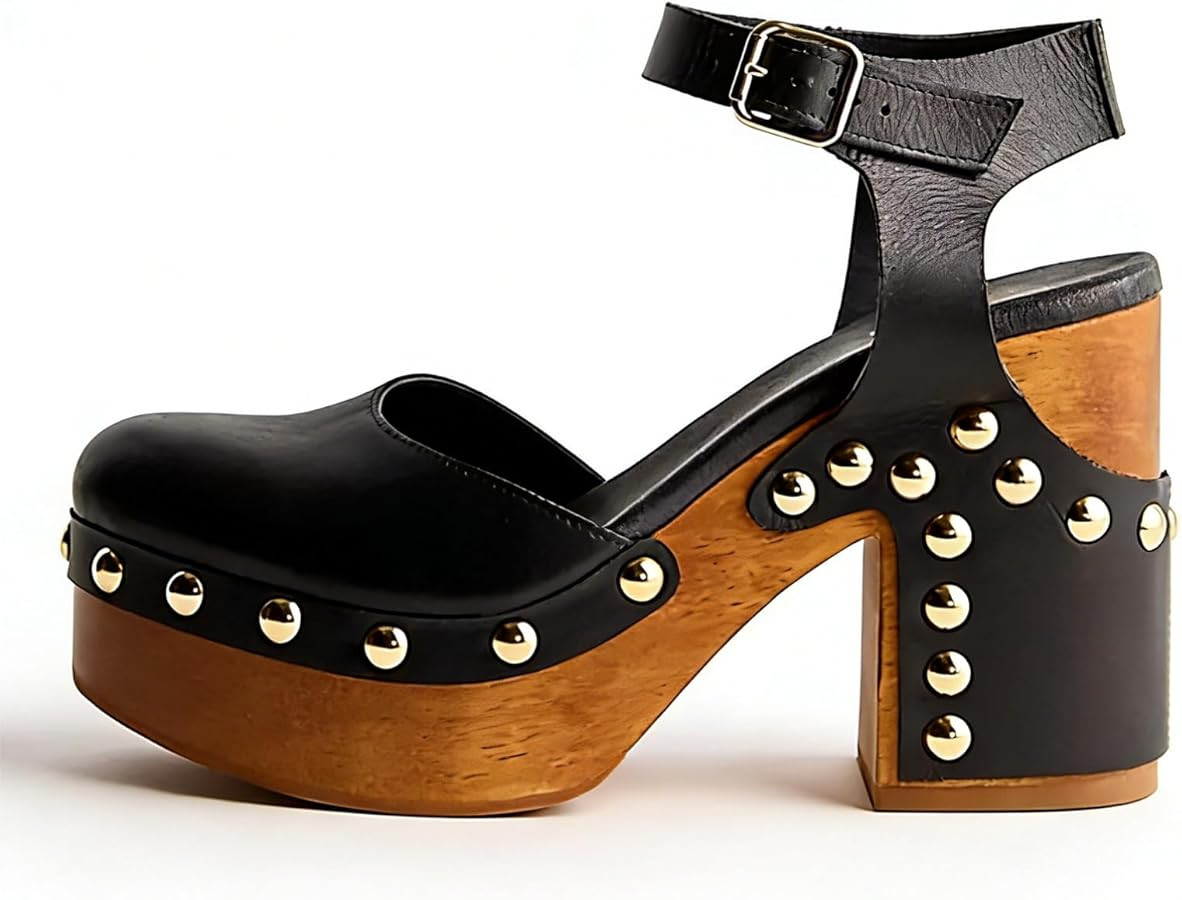 Elbslutt Women's Platform Wooden Clogs Heels with Ankle Strap High Block Heel Closed Toe Studded ... | Amazon (US)