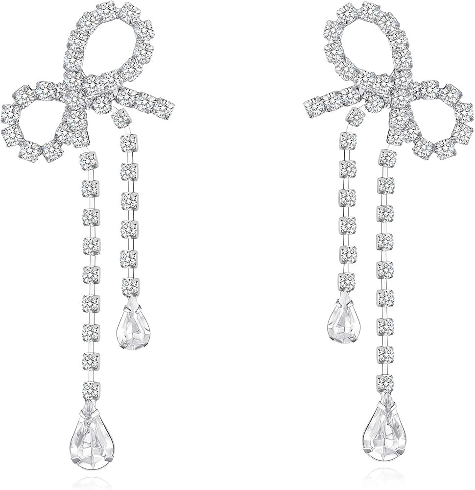 Silver Bow Earrings Bow Earrings For Women Rhinestone Bow Earrings Bow Drop Earrings Bow Jewelry ... | Amazon (US)