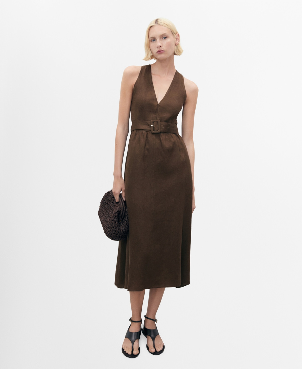 Mango Women's Belt Linen Dress - Brown | Macy's