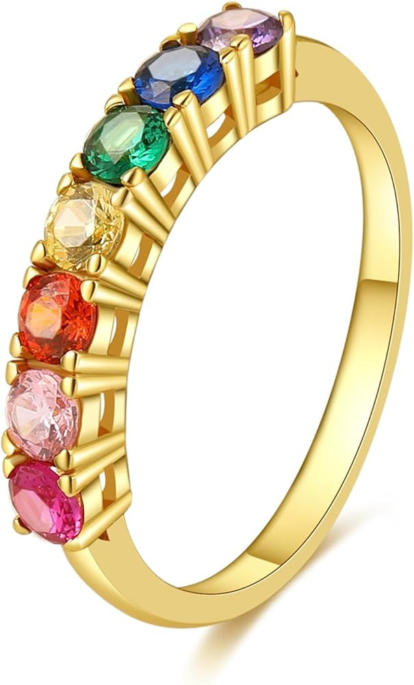 E Gold Rings for Women, 14K Gold Plated Rainbow Band Rings Eternity Thumb Rings Wedding Round Cub... | Amazon (US)
