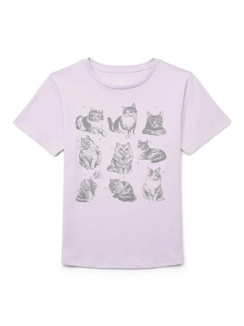 Wonder Nation Girls Cats Graphic Tee with Short Sleeves, Sizes 4-20 | Walmart (US)