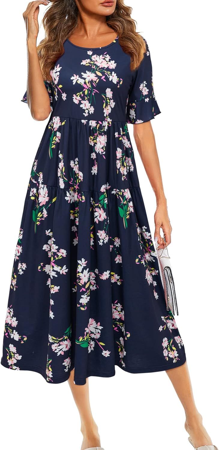 LAISHEN Women Casual Bohemian Floral Long Dress with Pockets Short Sleeve Tiered Maxi Summer Beac... | Amazon (US)