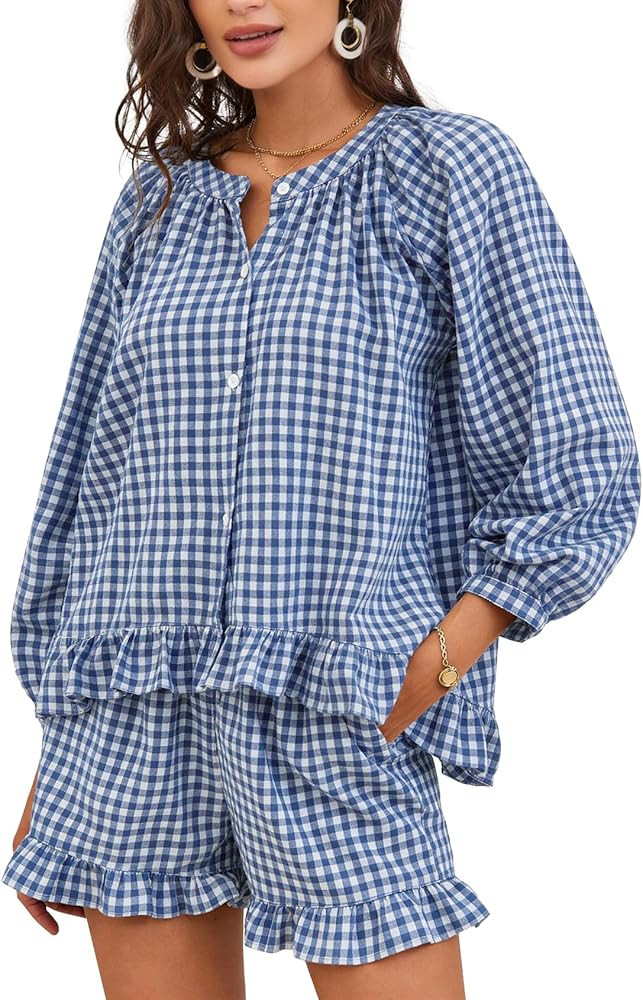 Flygo Women Gingham 2 Piece Pajama Sets Y2K Plaid Ruffle Short Sets Raglan Sleeve Shirt Lounge Sh... | Amazon (US)