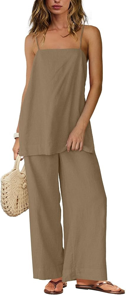 Yanekop Linen Sets for Women 2 Piece Pants Summer Outfits Matching Lounge Sets Spaghetti Strap Ta... | Amazon (US)