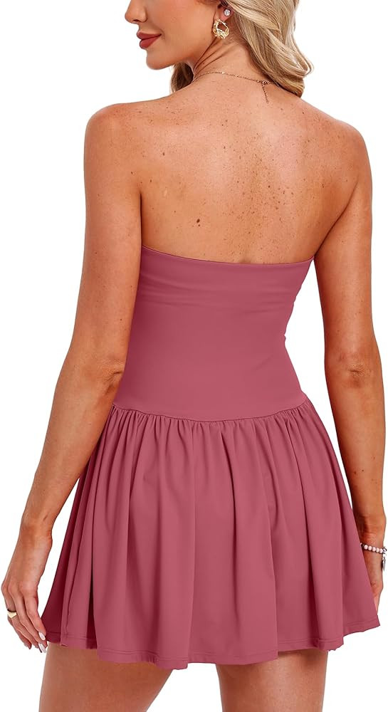 Beaully Women's Strapless Tube Mini Dresses Summer Ruffle Romper with Built-in Shorts for Beach V... | Amazon (US)