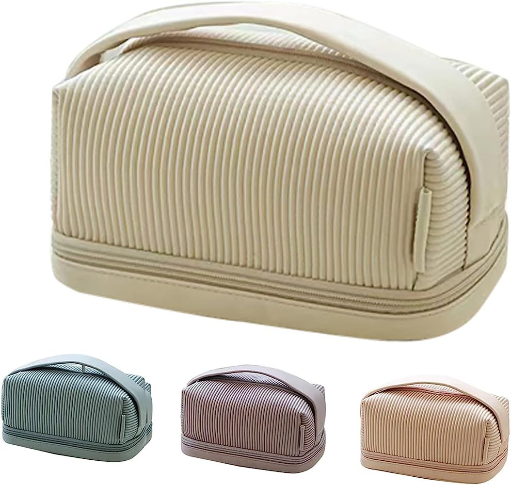 Makeup Bag-Cream Toast Make up Bag, Large Capacity Travel Cosmetic Bag Water Proof PU Leather, Ma... | Amazon (US)