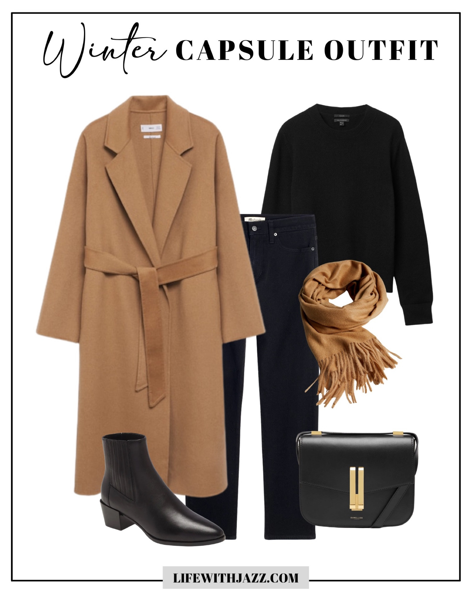 Winter capsule outfit 

Camel coat - xs 
Cashmere sweater 
Straight leg jeans - size down 
Camel scarf 
Black leather bag 
Black waterproof boots 

Camel and black winter outfit / minimalist style 

#LTKworkwear #LTKtravel #LTKunder100