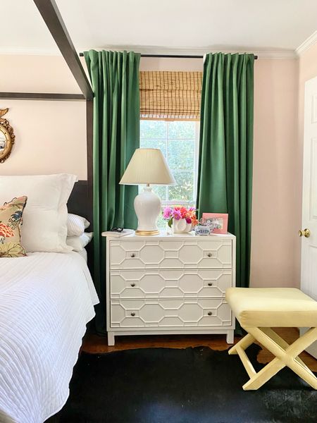 Traditional bedroom, decor, white chest, nightstand, X ottoman, white coverlet, federal mirror, green curtains, bamboo shade, white lamp

#LTKhome