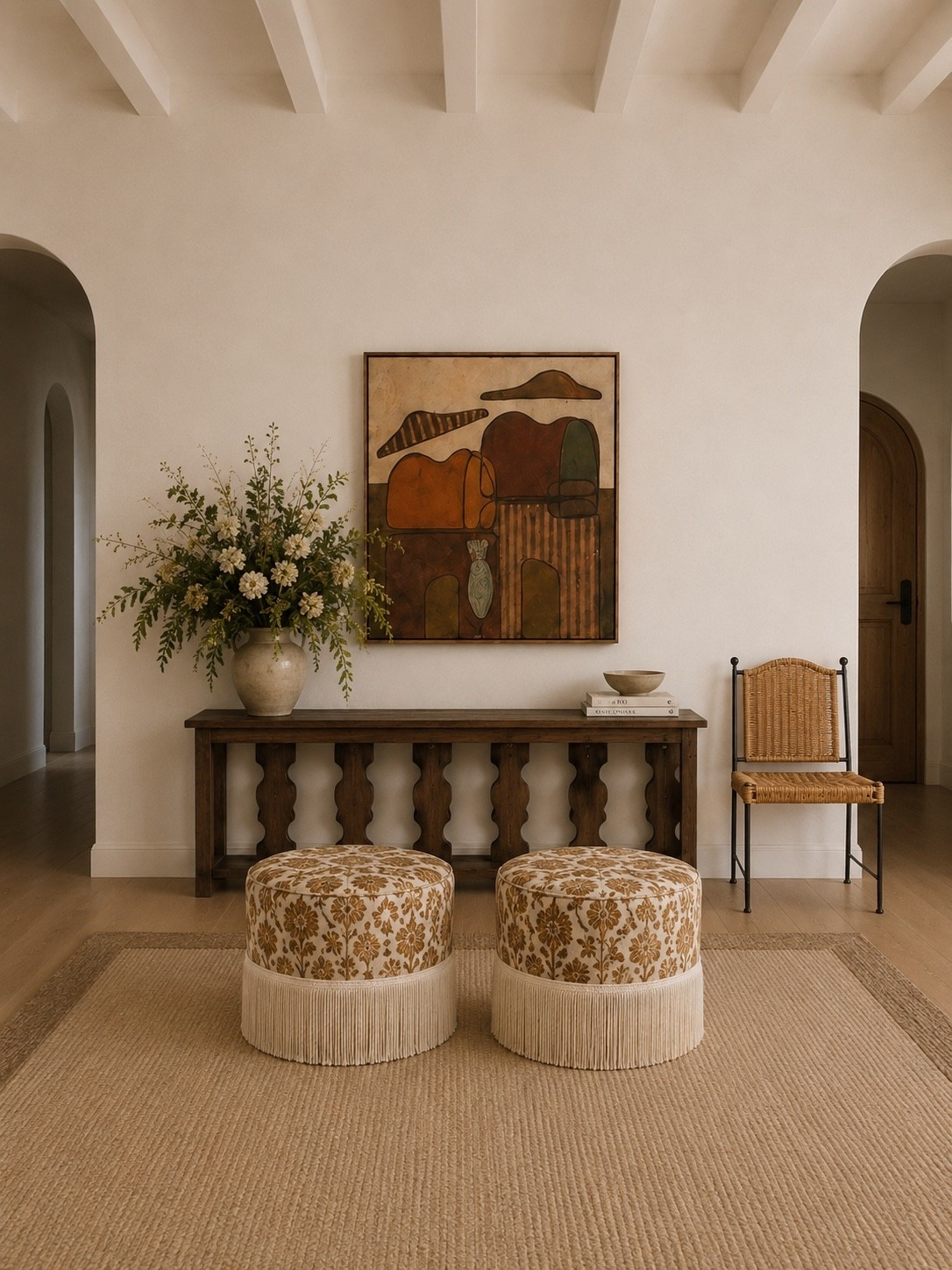 The cutest console table!!! 

Ottomans- neutral
Rugs florals wall art chairs 

Spanish style home rattan chairs dining chairs

#LTKdayinmylife #LTKHome #LTKSaleAlert