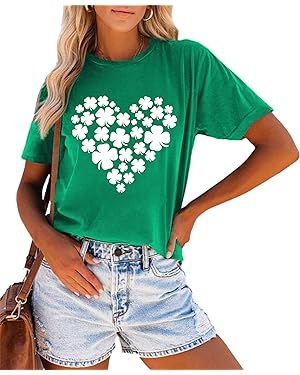 St. Patrick's Day Shirts for Women Shamrock Heart Graphic Tees St Patty's Lucky T-Shirt Irish Top... | Amazon (US)