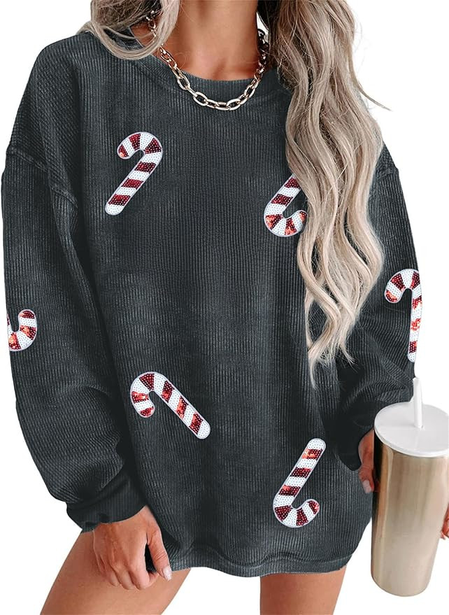 MNLYBABY Christmas Sweatshirt Women Sequin Christmas Sweatshirts Xmas Sparkly Candy Graphic Long ... | Amazon (US)