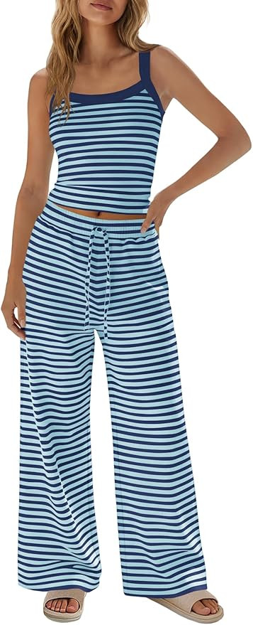SENSERISE Womens Striped Lounge Set 2 Piece Outfits Spaghetti Strap Tank Top Wide Leg Pants Summe... | Amazon (US)