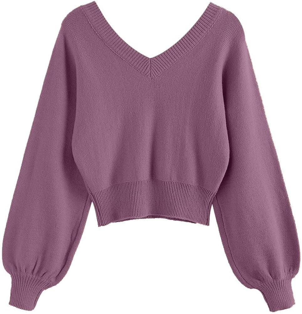 ZAFUL Women's Cropped Sweater V-Neck Long Sleeve Crop Sweater Pullover Jumper Knit Top | Amazon (US)