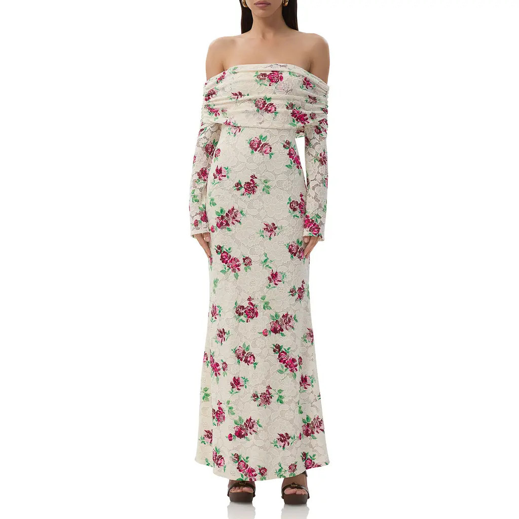 AFRM Thelma Off the Shoulder Long Sleeve Lace Maxi Dress in Romance Rose at Nordstrom, Size Small | Nordstrom