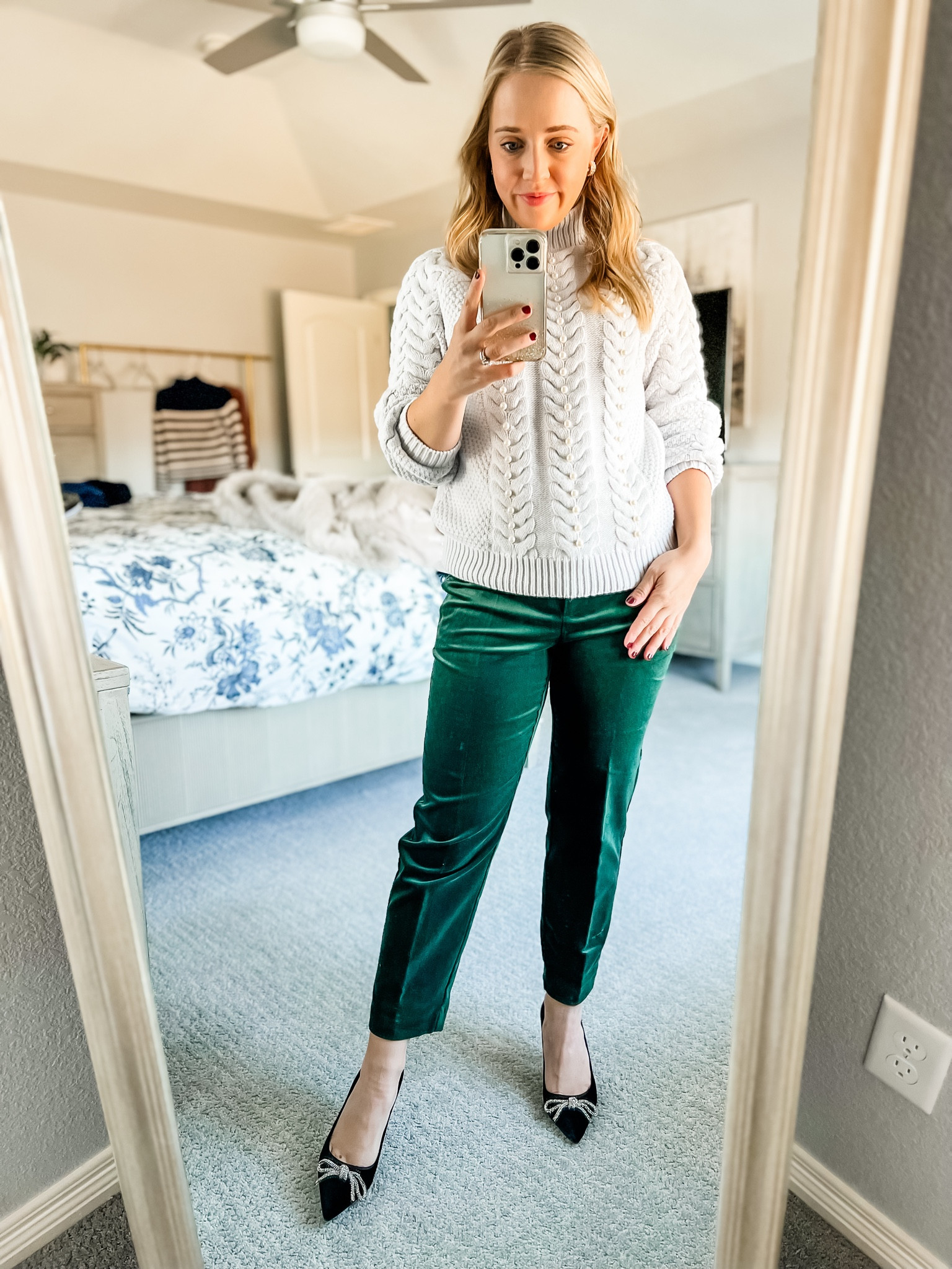Love these petite velvet pants. Wearing 4 petite. Fits true to size. Pearl sweater is small petite and fits true to size. Both sweater and pants are 40% off. Holiday outfit. Petite. Petite outfit. Holiday party. Petite pants. Cable sweater. 

#LTKsalealert #LTKHoliday