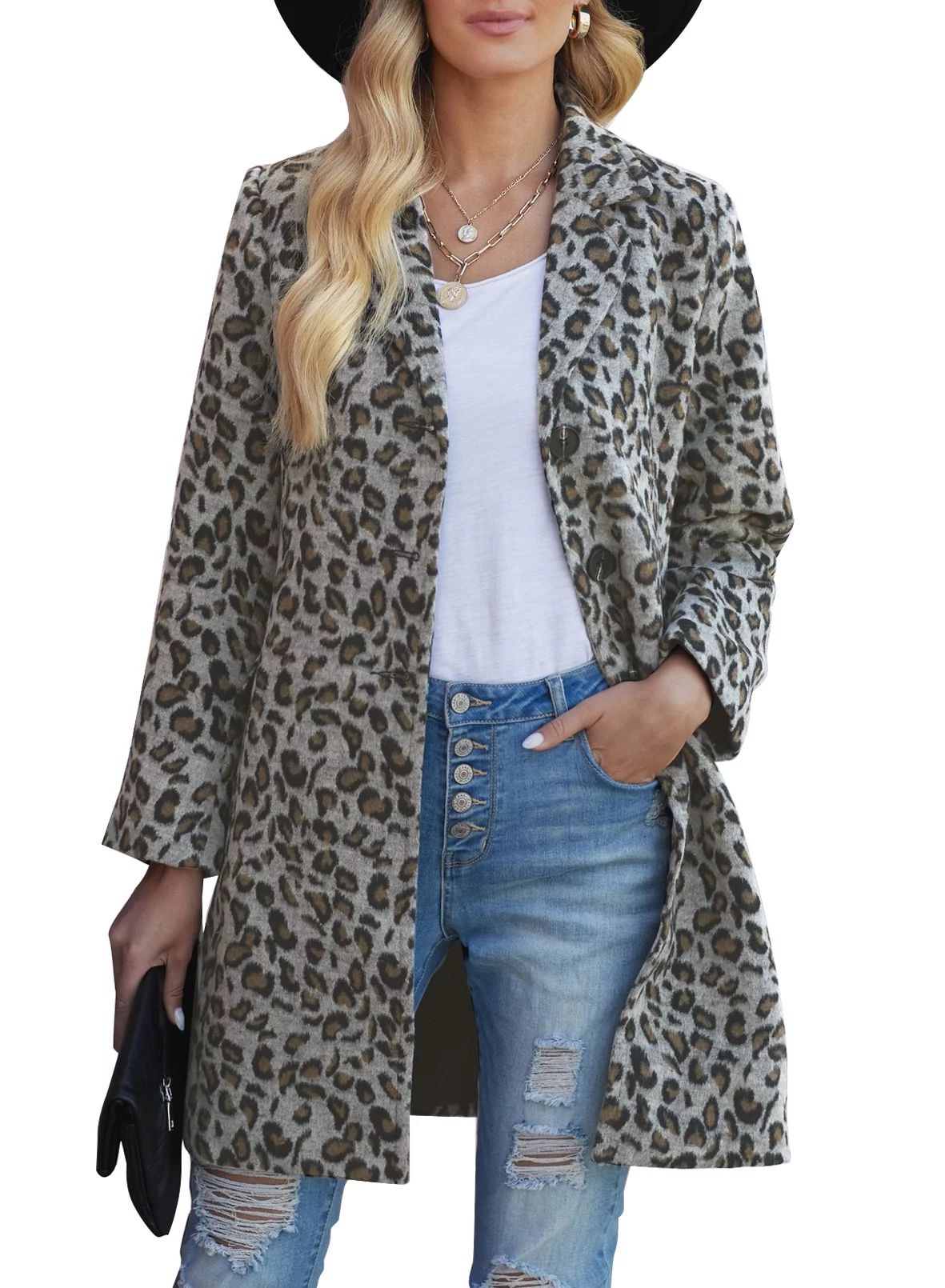 Dokotoo Women's Leopard Print Long Coat Long Sleeve Turn Down Collar Button Up Warm Outerwear Cas... | Walmart (US)