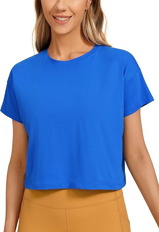 CRZ YOGA Women's Pima Cotton Workout Short Sleeve Shirts Loose Athletic Crop Tops Gym Casual Crop... | Amazon (US)
