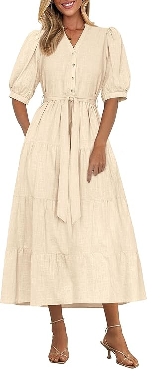 PRETTYGARDEN Women's Summer Midi Dress 2025 Casual Short Sleeve V Neck Buttons Belted Ruffle A Li... | Amazon (US)