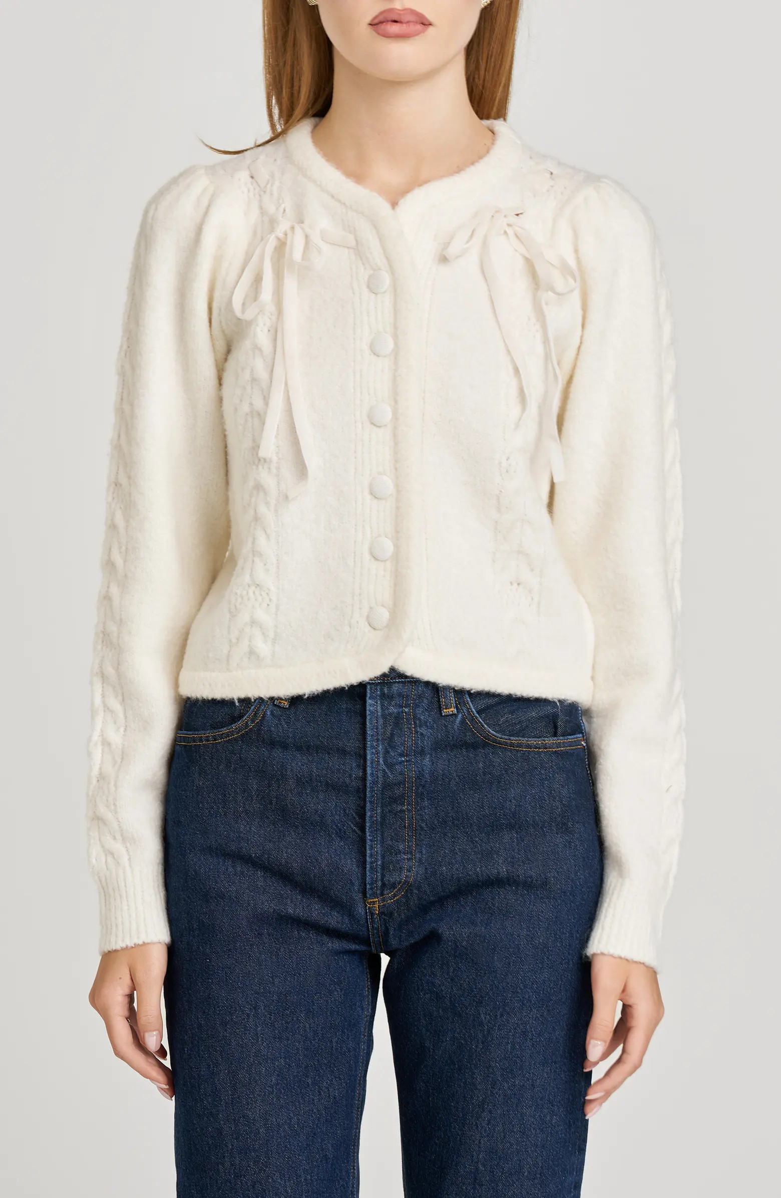 WAYF x Sara Walker Jackie Velvet Bow Cable Stitch Cardigan | Nordstrom | Nordstrom