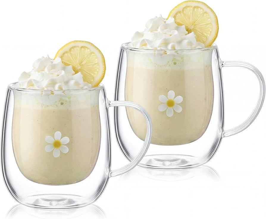 Baderke 2 Pcs Daisy Icon Glass Mug Set 12 oz Old Fashioned Icon Coffee Mugs Daisy Clear Double Cu... | Amazon (US)