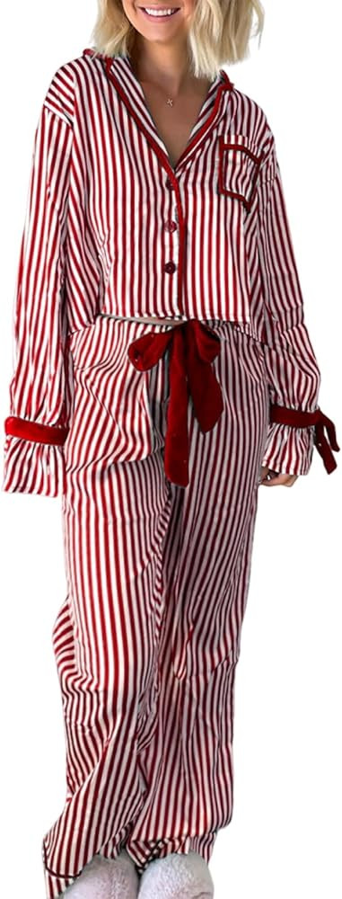 VISGOGO Christmas PJS Womens Striped Pajama Set Long Sleeve Button-up Crop Tops Bow Long Pants 2 ... | Amazon (US)