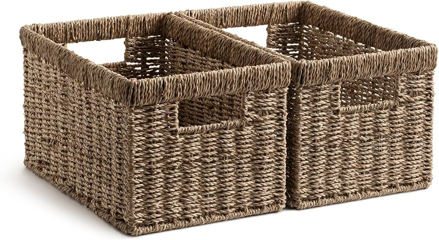 StorageWorks Wicker Storage Basket for Organizing, Medium Seagrass Storage Baskets with Built-in ... | Amazon (US)