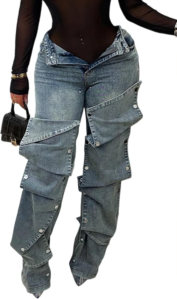 LETSVDO Women's High Waisted Cargo Jeans Straight Wide Leg Baggy Detachable Patchwork Asymmetrica... | Amazon (US)