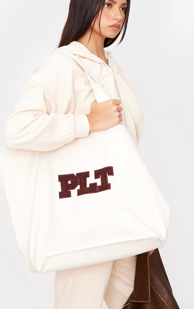 PRETTYLITTLETHING Natural Borg Logo Tote Bag | PrettyLittleThing US