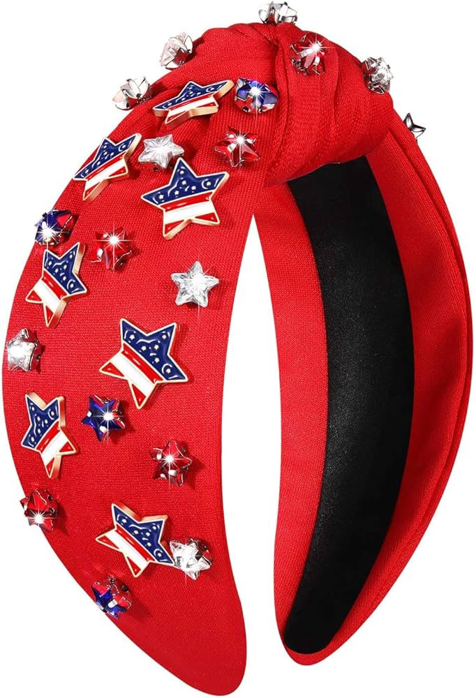 NVENF 4th of July Headbands, American Flag Star Headband Pearl Crystal Rhinestone Knotted Headban... | Amazon (US)