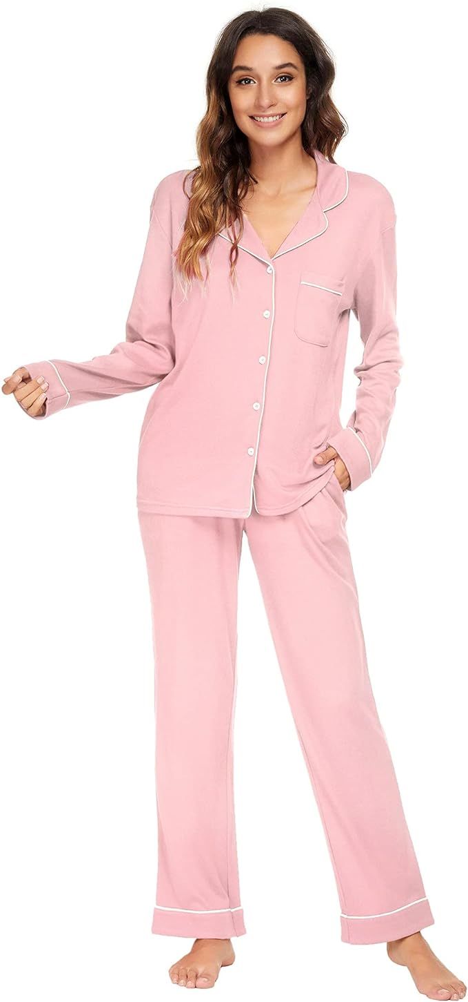 HEARTNICE Button up Pajama Set for Women, Long Sleeve Pajamas Lightweight Pjs Set Soft Sleepwear | Amazon (US)