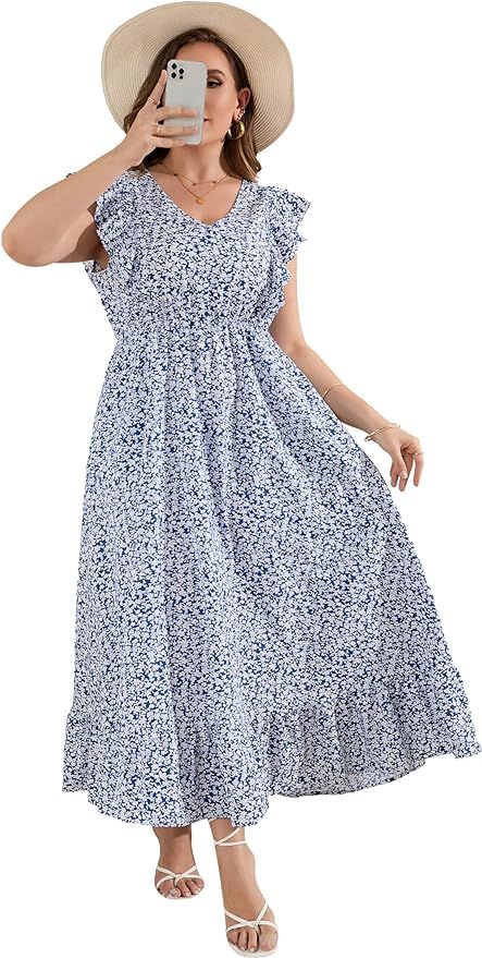 KOJOOIN Women's Plus Size Summer Dress with Pocket Ruffle Cap Sleeveless V Neck Side Split Long B... | Amazon (US)